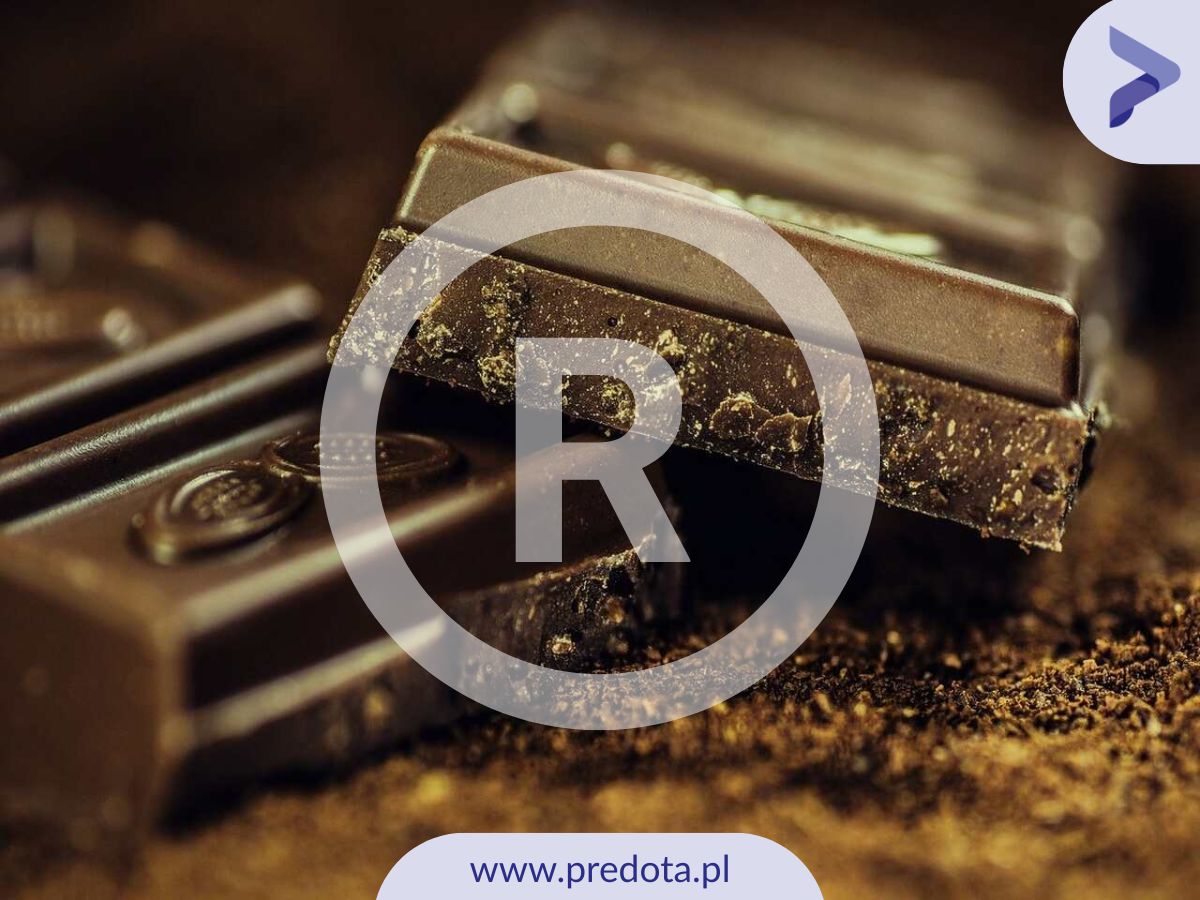 Znak towarowy – symbol R w kółku na tle tabliczki czekolady