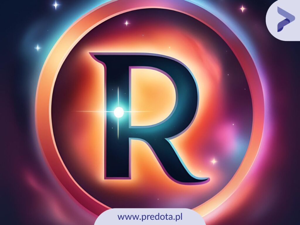 Wielobarwna ilustracja przedstawiająca symbol litera R w kółeczku