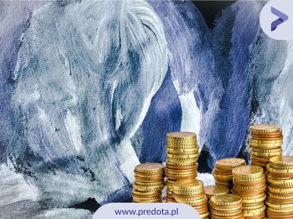 Stosy monet na tle obrazu - ilustracja do artykułu o tym, czym są prawa autorskie w biznesie